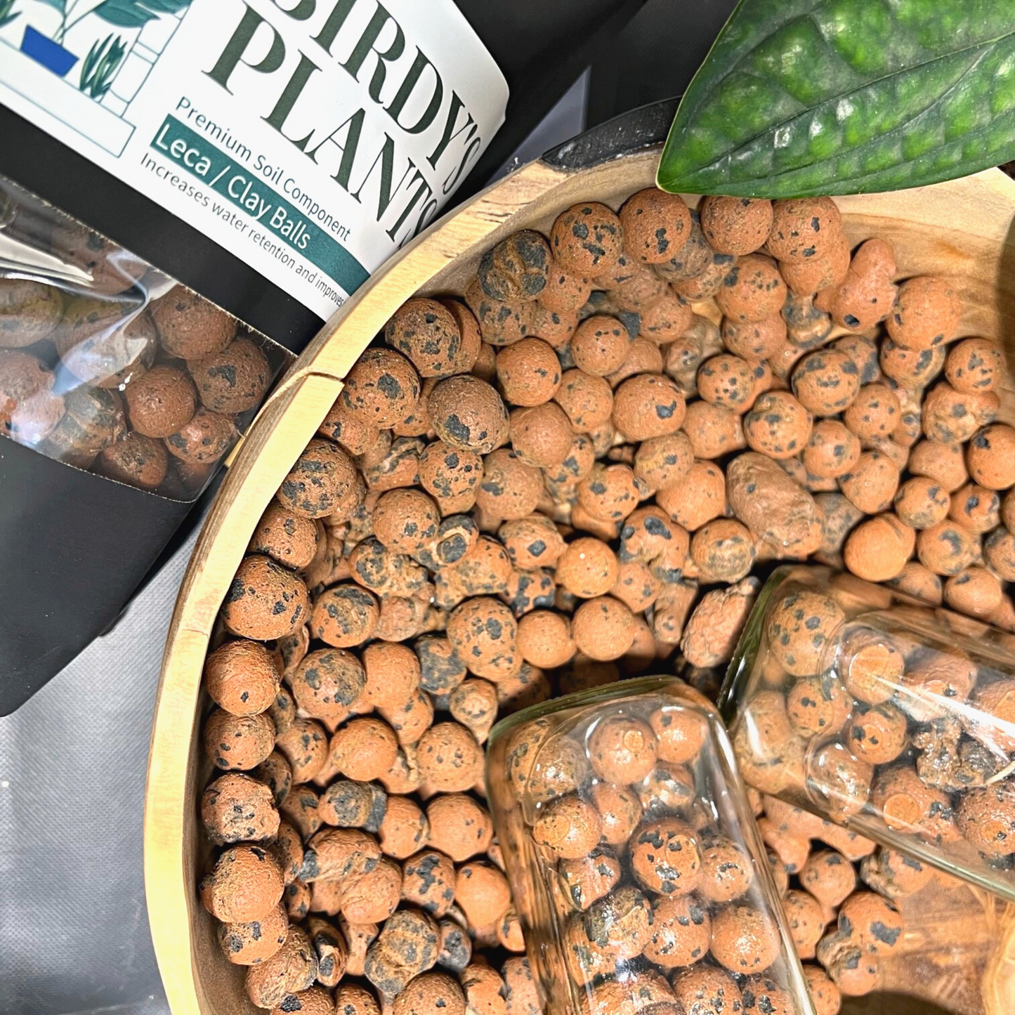 A pile of brown circular-shaped leca/clay balls beside a bag of Birdy's Plants 2L Leca with a Monstera Peru plant in the background.