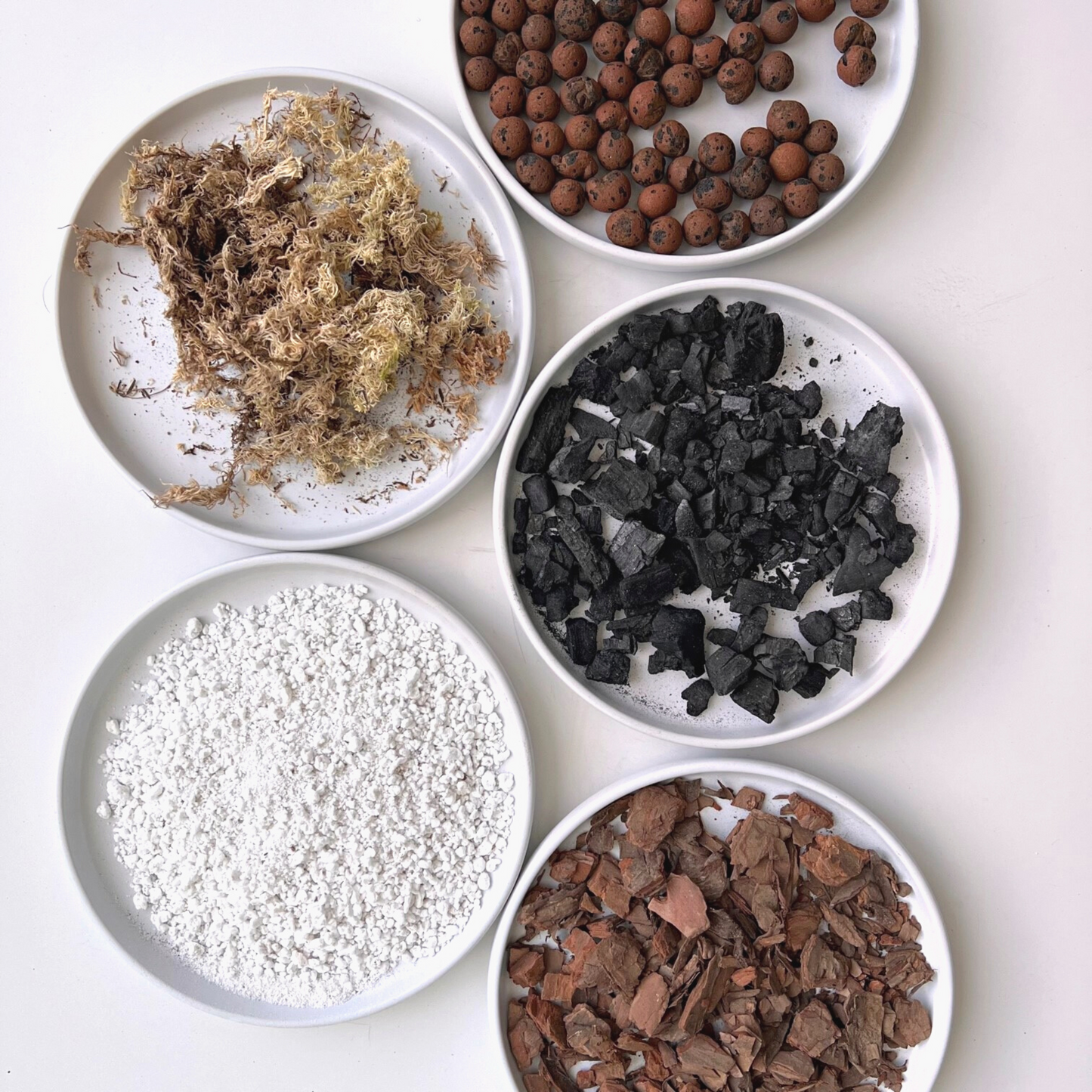 A ingredient makeup of Birdy's Plants Premium Orchid Soil Mix including leca, activated horticultural charcoal, orchid bark, sphagnum moss, and coarse perlite.
