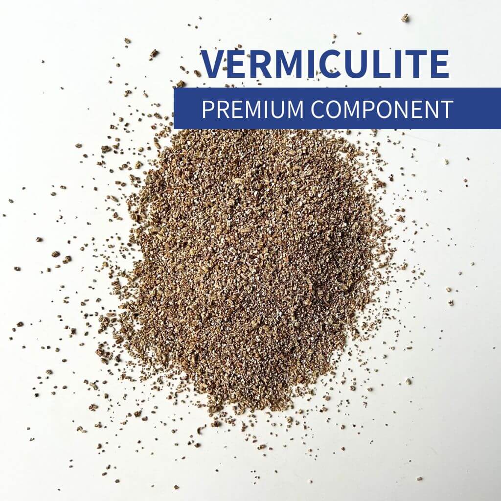 Vermiculite soil component for plants and seed starting. This lightweight mineral additive improves moisture retention, aeration, and root growth in potting mixes and propagation setups.