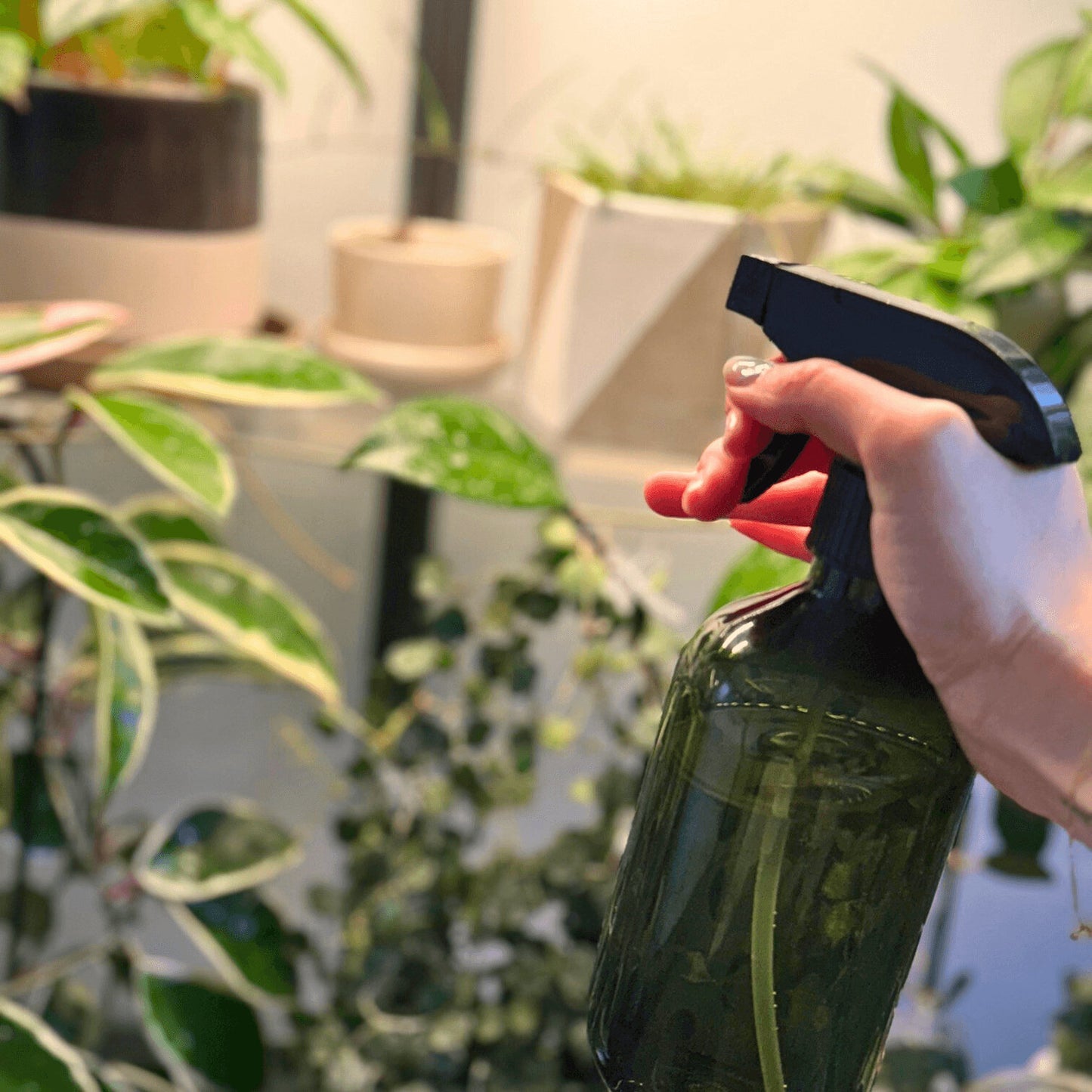 Hand holding spray bottle misting indoor plants, fine mist tool for houseplant care and humidity support