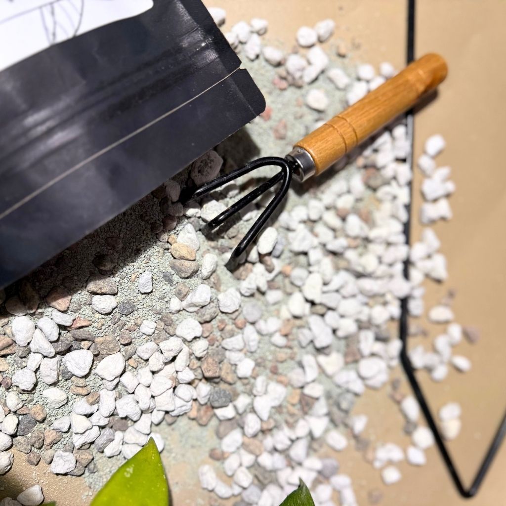 Birdy’s Plants Semi-Hydro Mix with Hoya AH074 Silver vine and wooden garden rake. Lightweight hydroponic growing medium that improves drainage, root oxygenation, and nutrient absorption for semi-hydro plants.