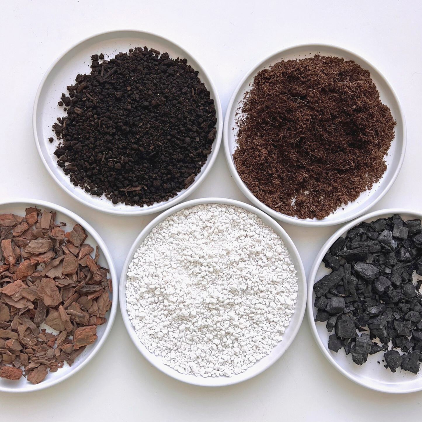 A ingredient makeup of Birdy's Plants Premium Philodendron + Monstera Soil Mix including activated horticultural charcoal, orchid bark, coarse perlite, worm castings, and coco coir.